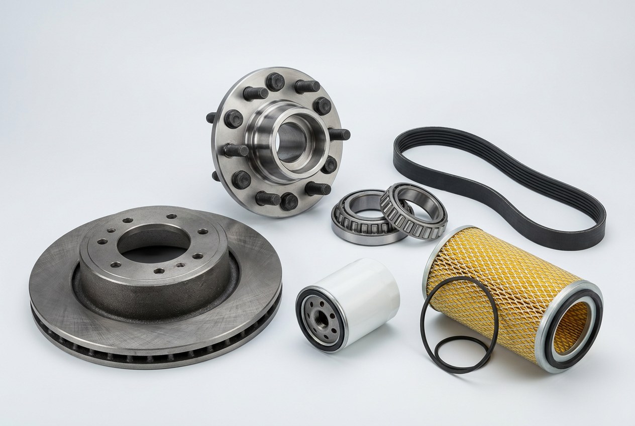 Brake disc, wheel hub, bearings, drive belt, oil filter and air filter for commercial vehicles